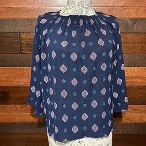 Dana Buchman Crew Neck Long Sleeve Navy Blue Boho Peasant Blouse